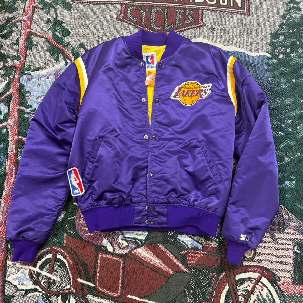 Vintage Starter NBA Los Angeles Lakers Satin Bomber Jacket Purple Gold XL USA
